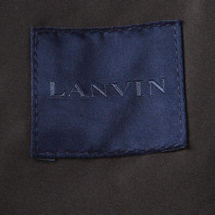 Pre Owned Lanvin Charcoal and Olive Leather Trim Zip Front Hooded Wool Jacket L