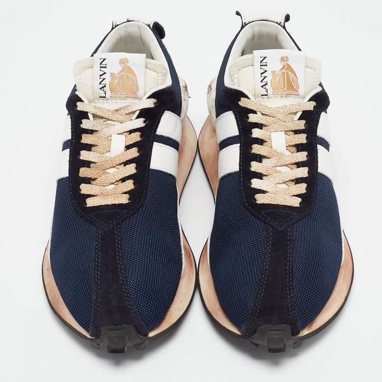 Pre Owned Lanvin Navy Blue Leather and Mesh Bumper Low Top Sneakers Size 43