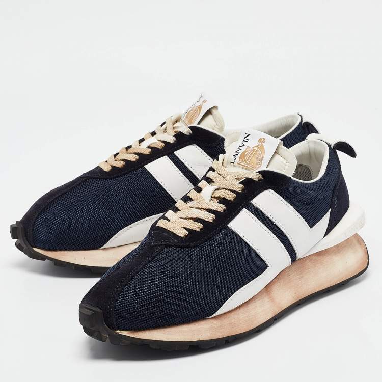 Pre Owned Lanvin Navy Blue Leather and Mesh Bumper Low Top Sneakers Size 43