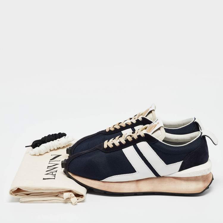 Pre Owned Lanvin Navy Blue Leather and Mesh Bumper Low Top Sneakers Size 43