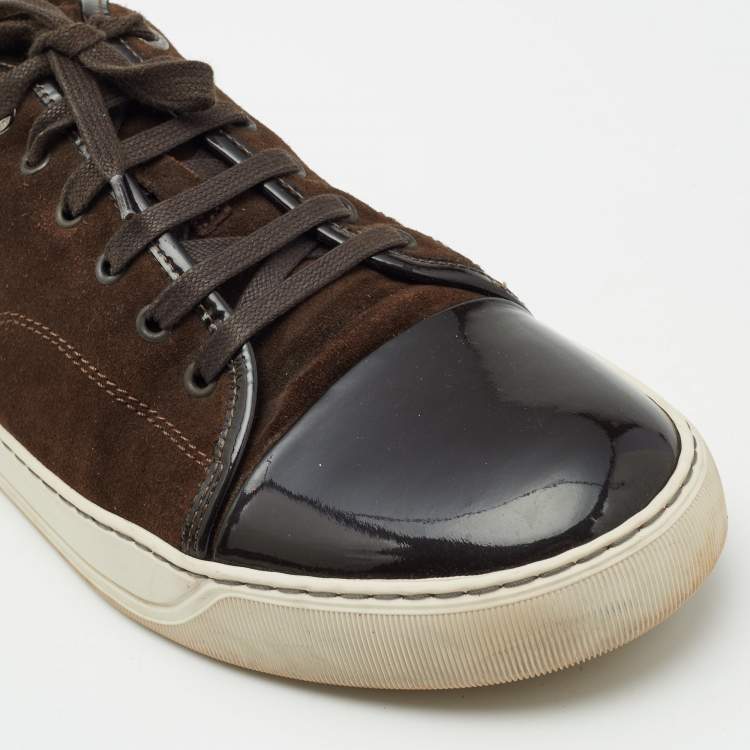Pre Owned Lanvin Dark Brown Patent Leather and Suede Low Top Sneakers Size 46