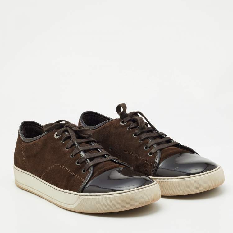 Pre Owned Lanvin Dark Brown Patent Leather and Suede Low Top Sneakers Size 46