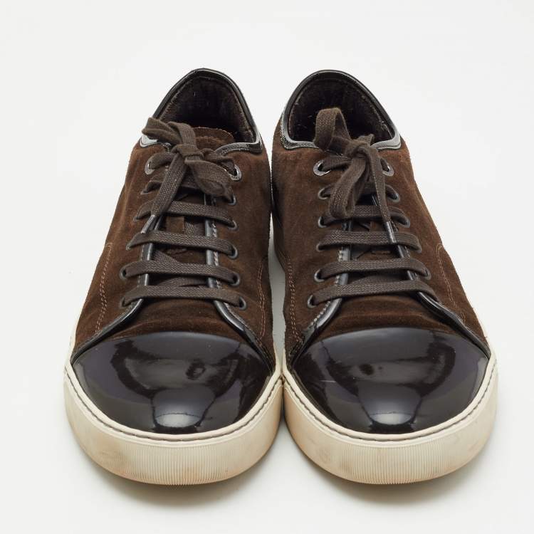 Pre Owned Lanvin Dark Brown Patent Leather and Suede Low Top Sneakers Size 46