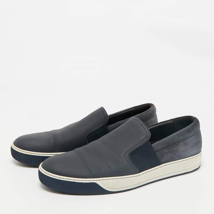 Pre Owned Lanvin Navy Blue Leather and Suede Slip On Sneakers Size 45