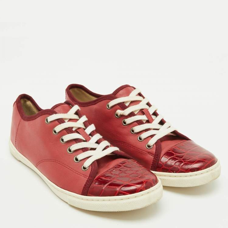 Pre Owned Lanvin Dark Red Croc Embossed Leather and Leather Low Top Sneakers Size 40