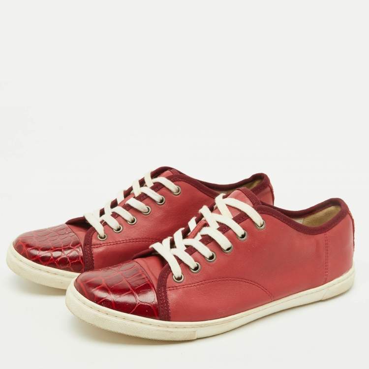 Pre Owned Lanvin Dark Red Croc Embossed Leather and Leather Low Top Sneakers Size 40