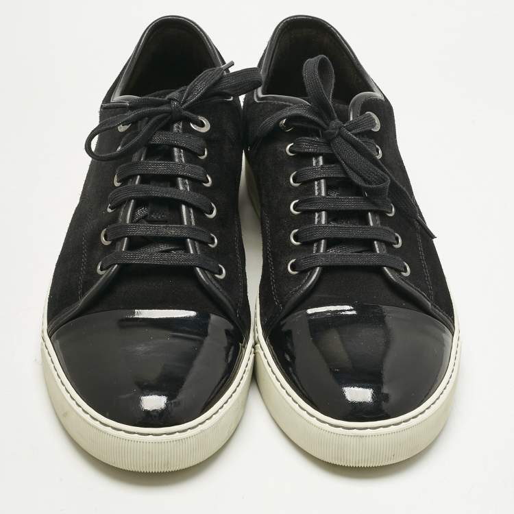 Pre Owned Lanvin Black Suede and Patent Leather Cap Toe Low Top Sneakers Size 44