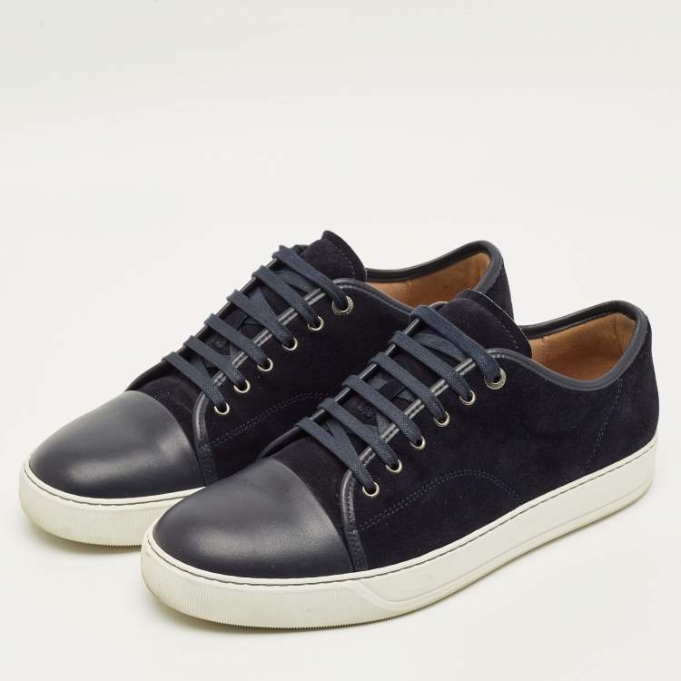Pre Owned Lanvin DBB1 Size 44 Navy Blue Leather and Suede Lace Up Sneakers