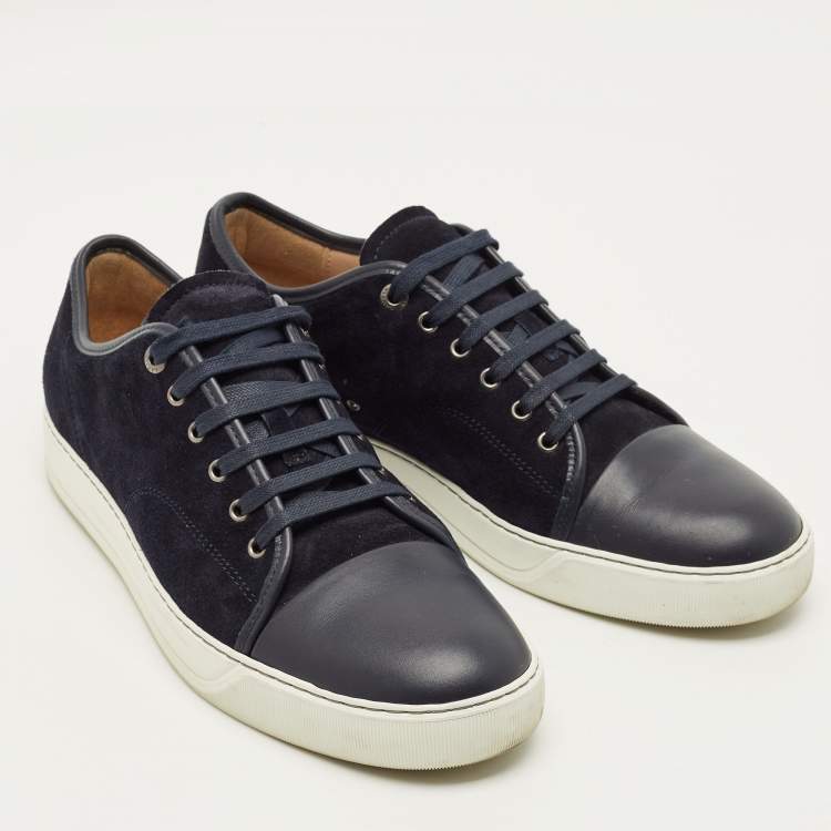 Pre Owned Lanvin DBB1 Size 44 Navy Blue Leather and Suede Lace Up Sneakers