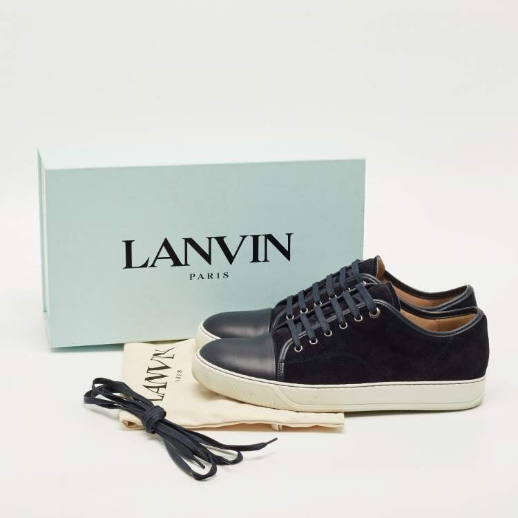 Pre Owned Lanvin DBB1 Size 44 Navy Blue Leather and Suede Lace Up Sneakers