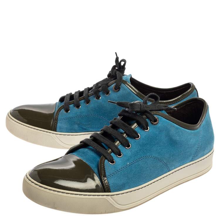 Pre Owned Lanvin Light Blue/Green Suede and Patent Leather Low Top Sneakers Size 42