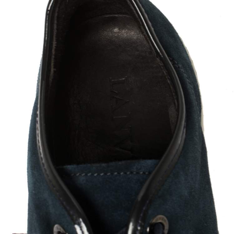 Pre Owned Lanvin Blue/Black Suede and Patent Leather Low Top Sneakers Size 42