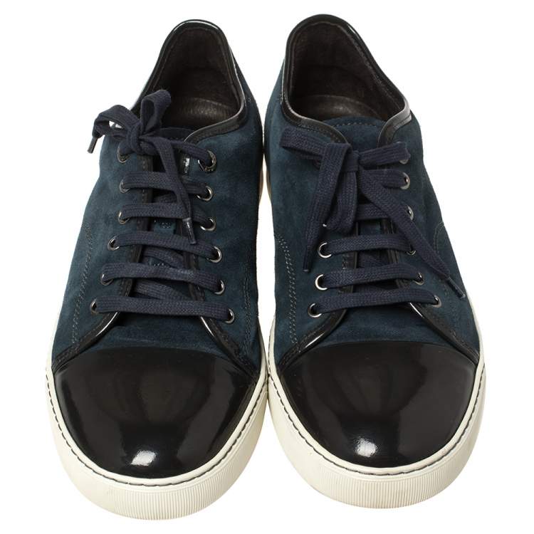 Pre Owned Lanvin Blue/Black Suede and Patent Leather Low Top Sneakers Size 42