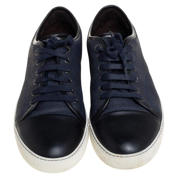 Pre Owned Lanvin Navy Blue/Black Textured Leather DBB1 Low Top Sneakers Size 44