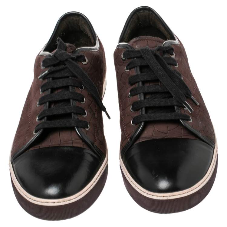 Pre Owned Lanvin Black/Maroon Croc Embossed Nubuck and Leather DDB1 Low Top Sneakers Size 44