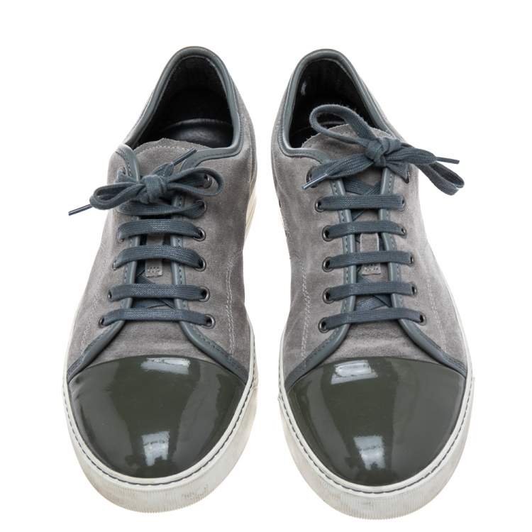 Pre Owned Lanvin Green/Grey Patent And Suede Leather Low Top Sneakers Size 43