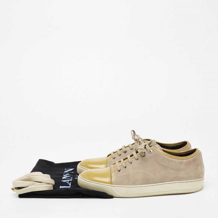 Pre Owned Lanvin Olive Green/Grey Suede and Patent Leather Lace Up Sneakers Size 44