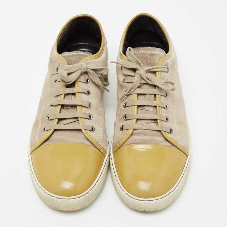 Pre Owned Lanvin Olive Green/Grey Suede and Patent Leather Lace Up Sneakers Size 44
