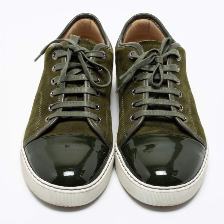 Pre Owned Lanvin Olive Green Suede and Patent Leather Lace Low Top Sneakers Size 41