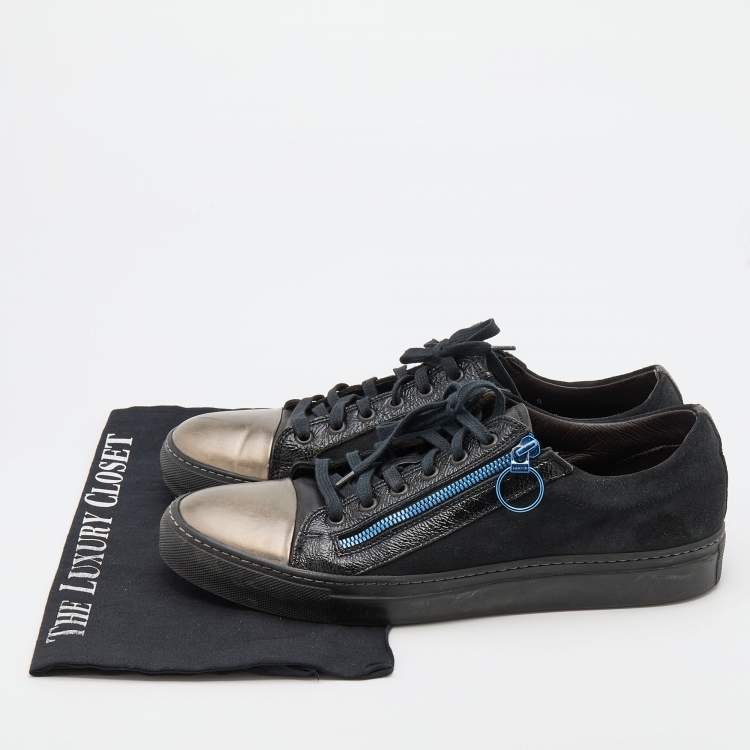 Pre Owned Lanvin Black/Silver Leather and Suede Low Top Sneakers Size 42