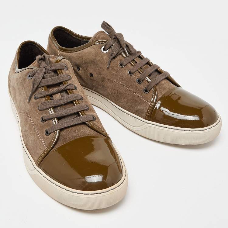 Pre Owned Lanvin Brown/Green Patent and Suede Leather Low Top Sneakers Size 45