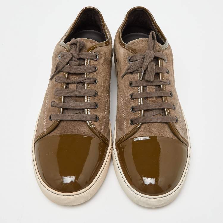 Pre Owned Lanvin Brown/Green Patent and Suede Leather Low Top Sneakers Size 45