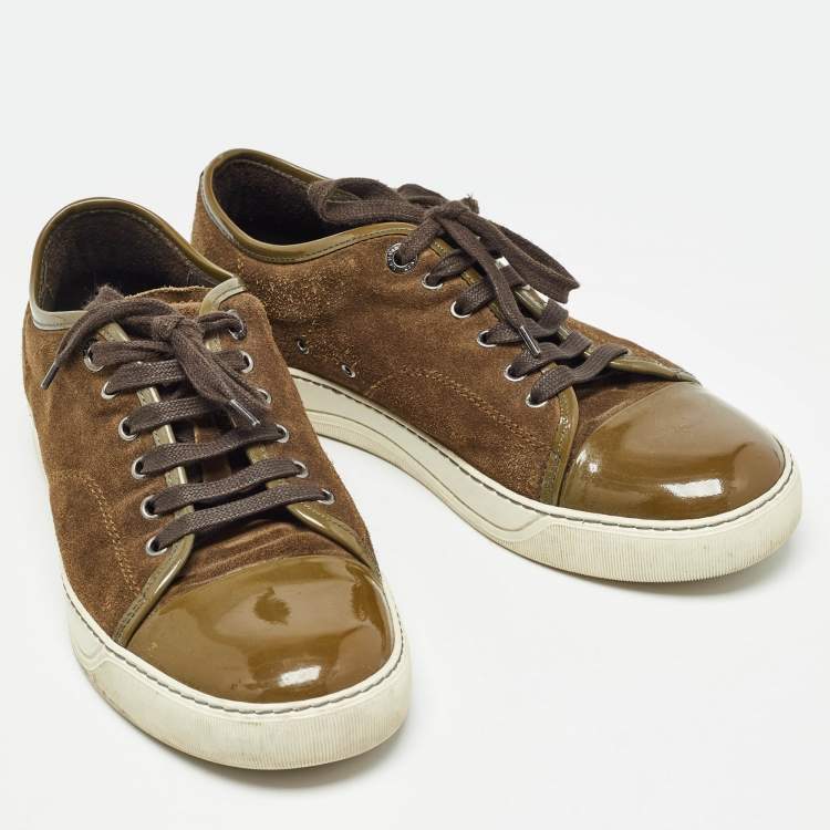 Pre Owned Lanvin Brown/Green Patent and Suede Leather Low Top Sneakers Size 40