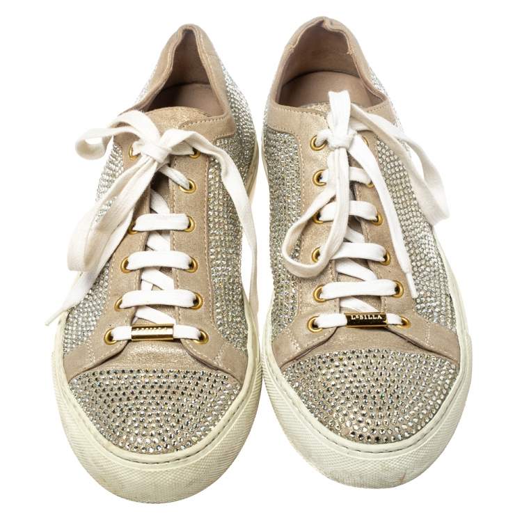 Pre Owned Le Silla Metallic Beige Crystal Embellished Suede Low Top Sneakers Size 41