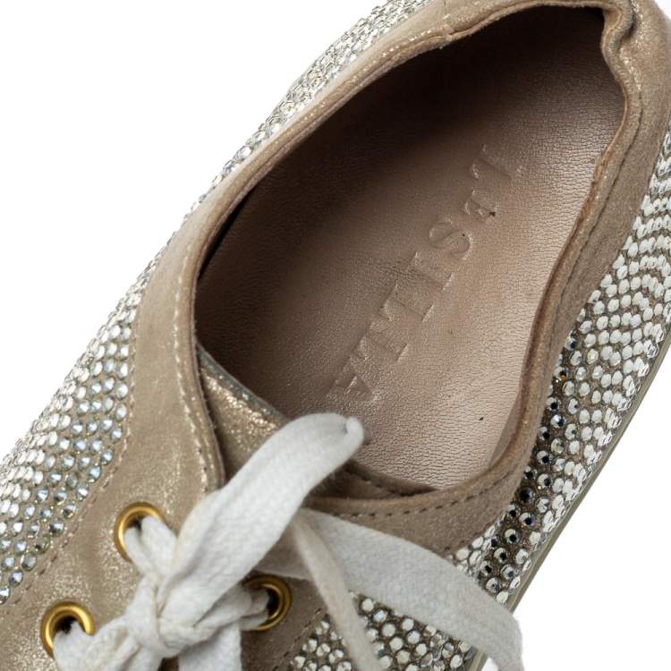 Pre Owned Le Silla Metallic Beige Crystal Embellished Suede Low Top Sneakers Size 41