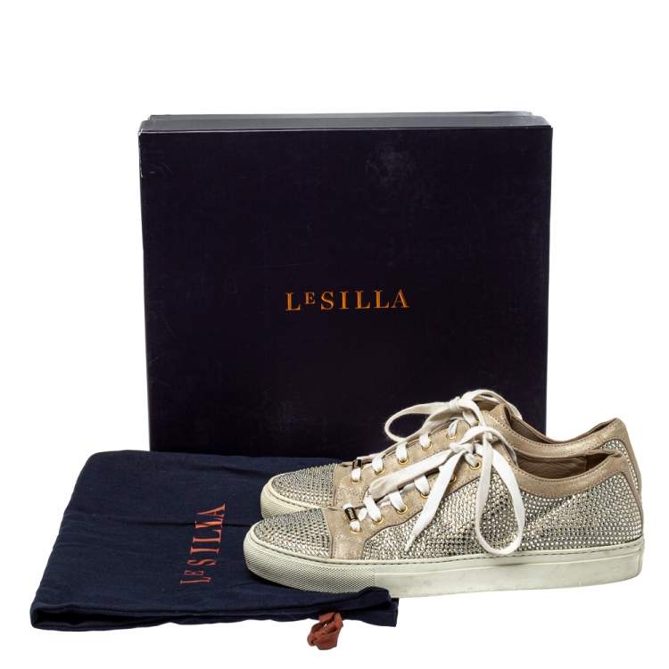 Pre Owned Le Silla Metallic Beige Crystal Embellished Suede Low Top Sneakers Size 41