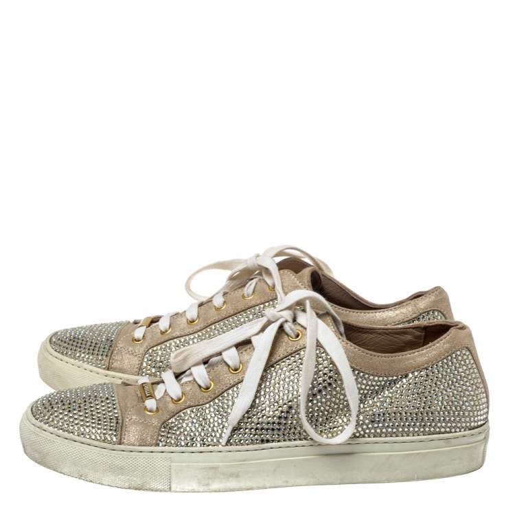 Pre Owned Le Silla Metallic Beige Crystal Embellished Suede Low Top Sneakers Size 41