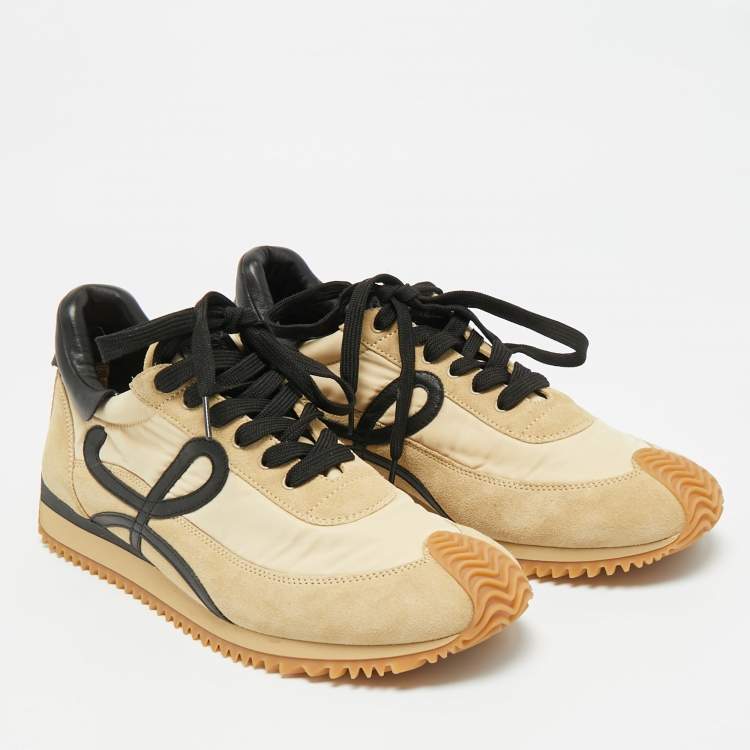 Pre Owned Loewe Size 42 Beige/Black Nylon and Suede Lace Up Sneakers