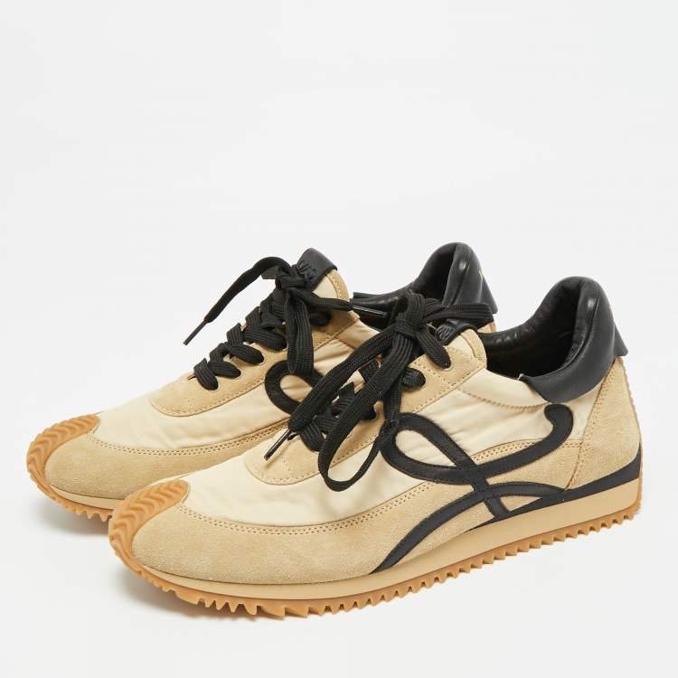 Pre Owned Loewe Size 42 Beige/Black Nylon and Suede Lace Up Sneakers