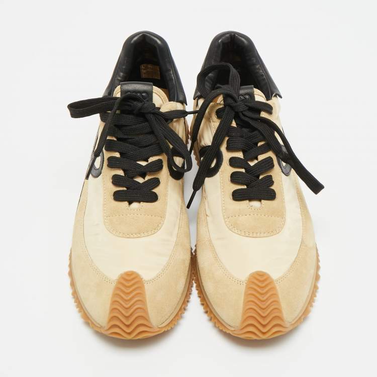 Pre Owned Loewe Size 42 Beige/Black Nylon and Suede Lace Up Sneakers
