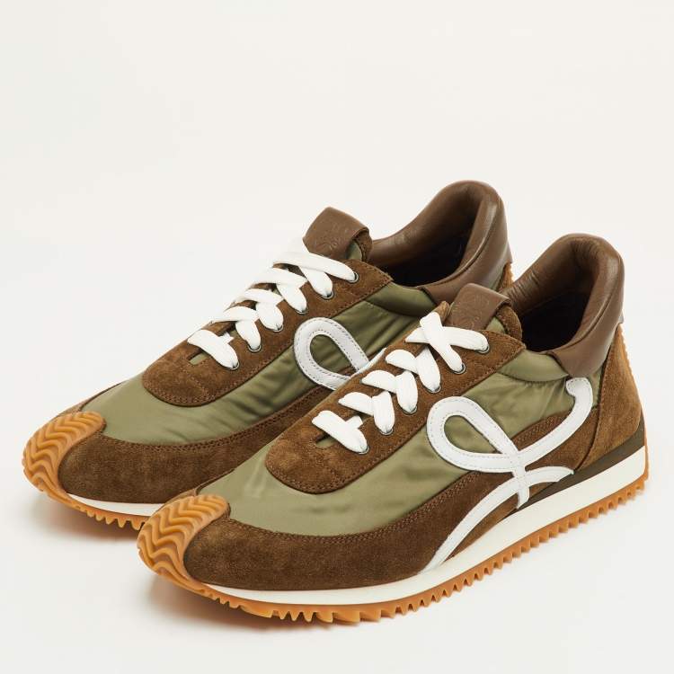 Pre Owned Loewe Flow Runner 2.0 Size 42 Dark Khaki Nylon and Suede Low Top Sneakers