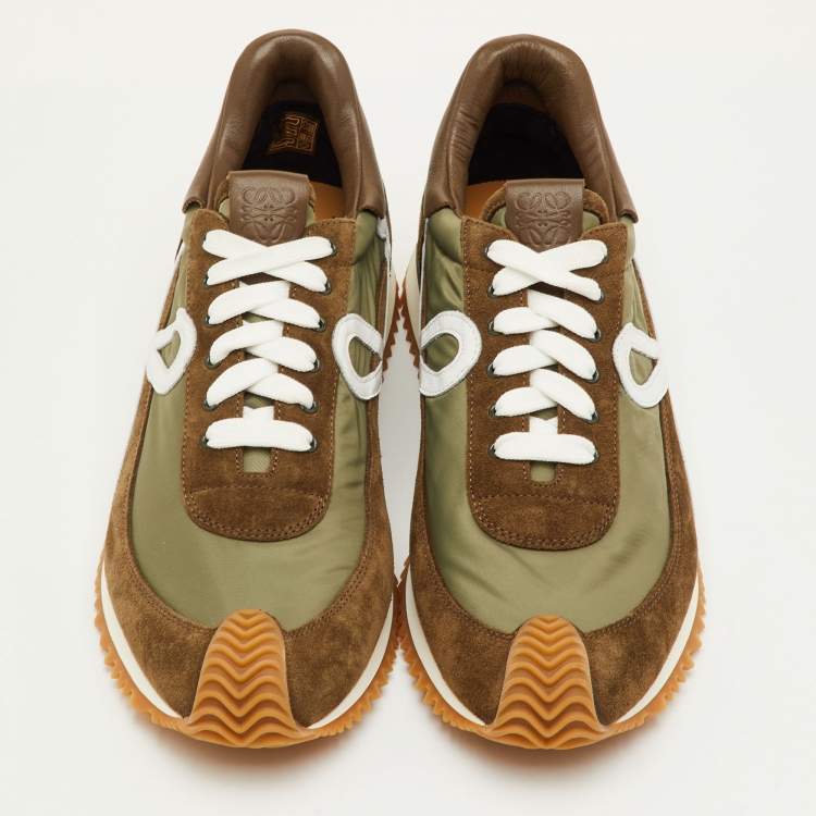 Pre Owned Loewe Flow Runner 2.0 Size 42 Dark Khaki Nylon and Suede Low Top Sneakers