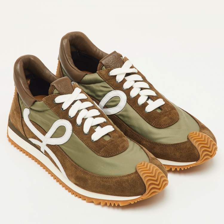 Pre Owned Loewe Flow Runner 2.0 Size 42 Dark Khaki Nylon and Suede Low Top Sneakers