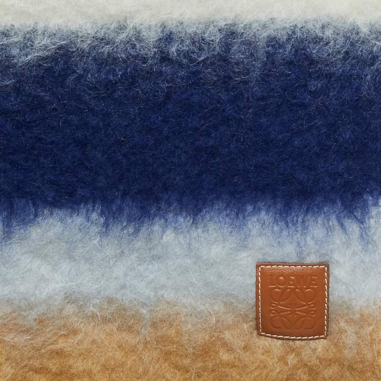 Pre Owned Loewe Blue/Brown Anagram Patch Striped Mohair Blend Tasseled Scarf 