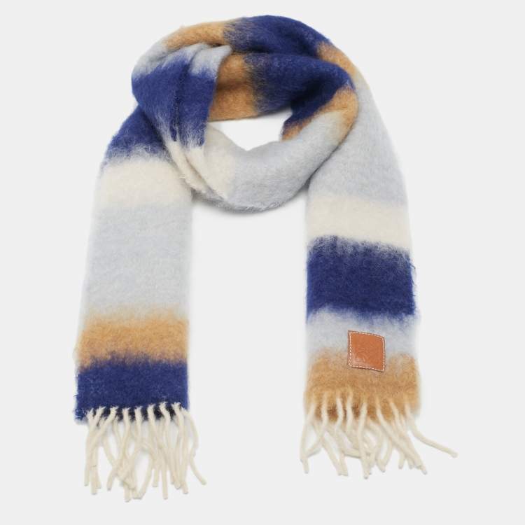 Pre Owned Loewe Blue/Brown Anagram Patch Striped Mohair Blend Tasseled Scarf 