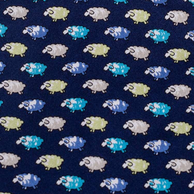 Pre Owned Loewe Blue Sheep Print Classic Silk Tie