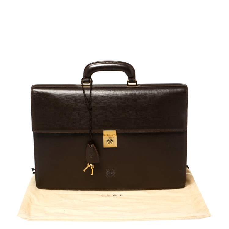 Pre Owned Loewe Brown Leather Lock Briefcase