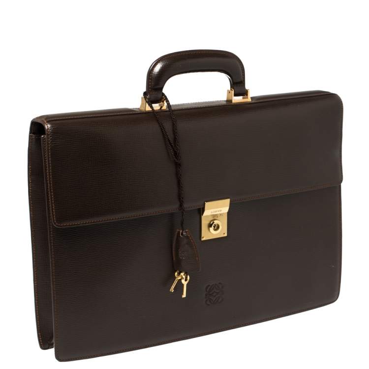 Pre Owned Loewe Brown Leather Lock Briefcase