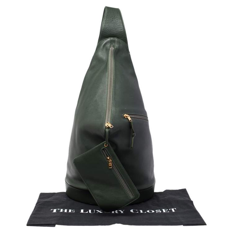 Pre Owned Loewe Green Leather Zip Sling Backpack