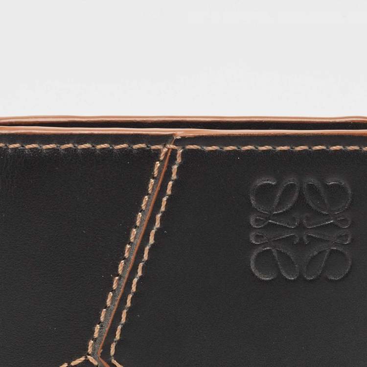 Pre Owned Loewe Black Leather Puzzle Stitch Bifold Card Holder 