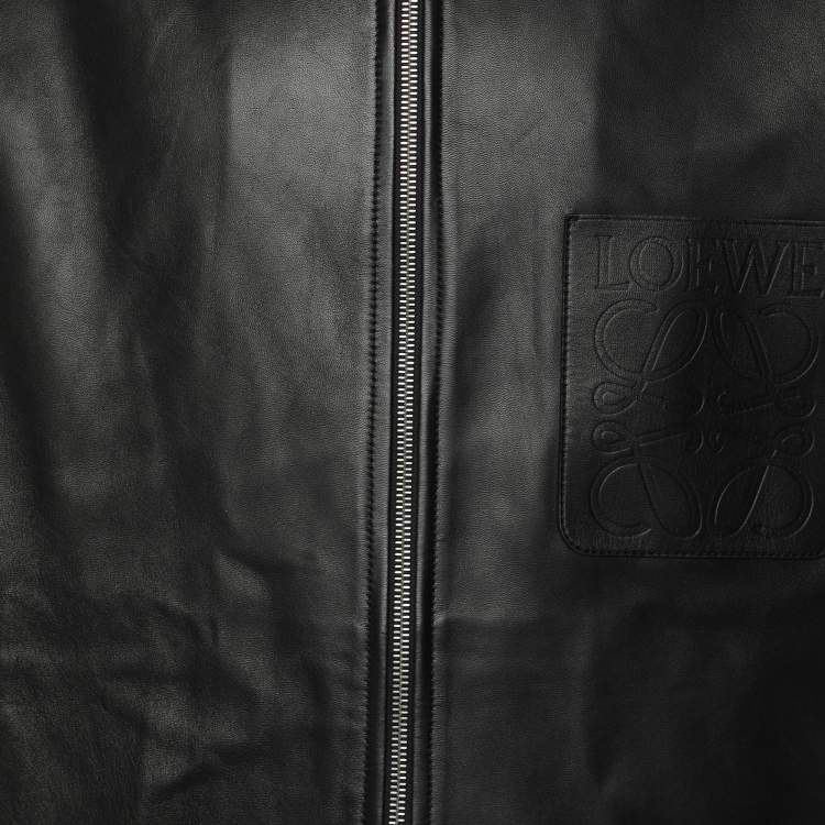 Pre Owned Loewe Black Leather Logo Embossed Zip Jacket M