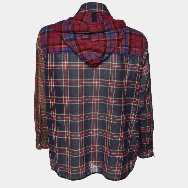 Pre Owned Loewe Multicolor Plaid Check Wool Hooded Shirt XXL