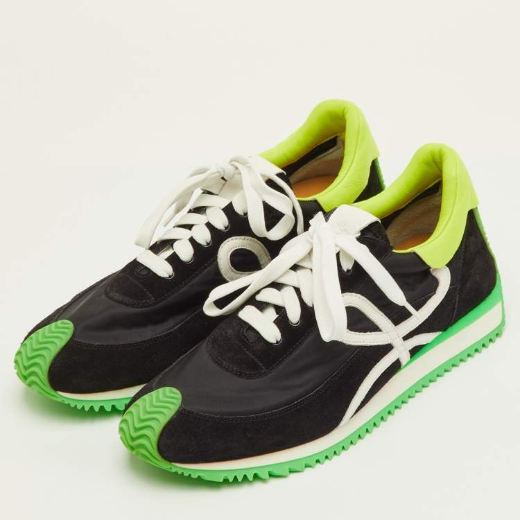 Pre Owned Loewe Flow Neon Size 42 Black/White Nylon and Suede Runner Sneakers