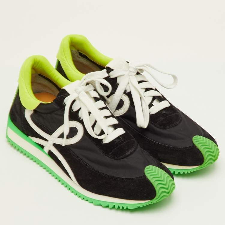 Pre Owned Loewe Flow Neon Size 42 Black/White Nylon and Suede Runner Sneakers