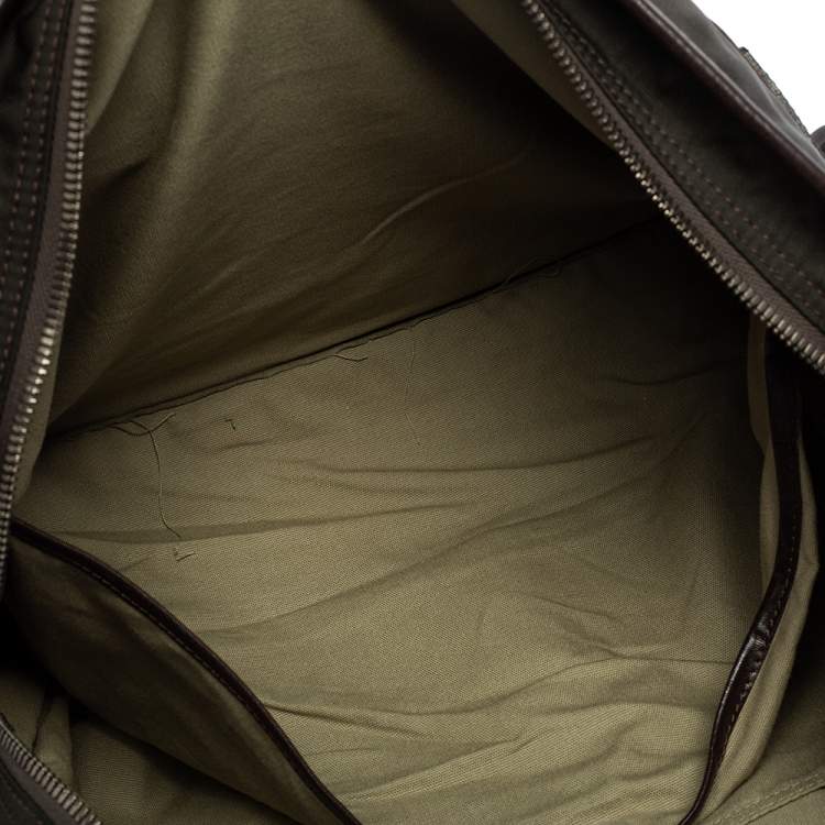 Pre Owned Longchamp Dark Brown/Green Nylon And Leather Weekender Bag
