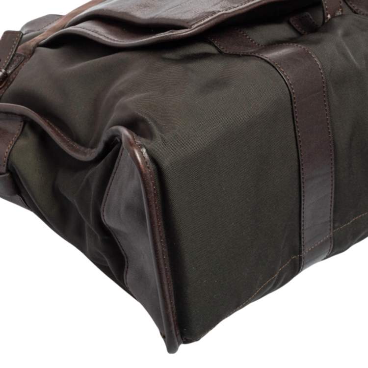 Pre Owned Longchamp Dark Brown/Green Nylon And Leather Weekender Bag